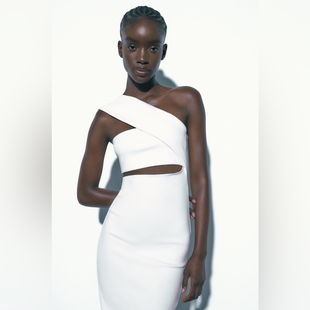 Zara white midi dress cropped one shoulder ribbed cotton fitted bodycon - Picture 13 of 16